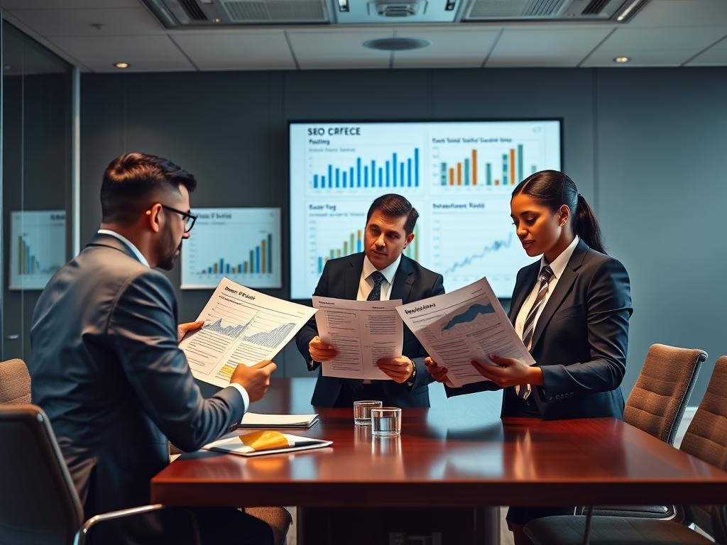 Business executives reviewing enterprise SEO strategy documents and performance reports Business executives reviewing enterprise SEO strategy documents and performance reports