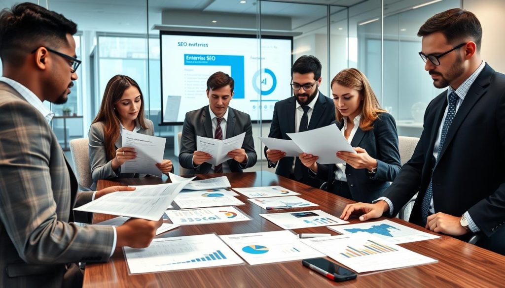Business team reviewing enterprise SEO strategy documents in a corporate meeting room Business team reviewing enterprise SEO strategy documents in a corporate meeting room
