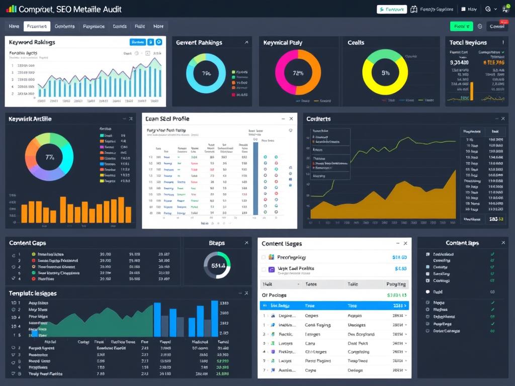 Comprehensive SEO audit dashboard showing multiple metrics