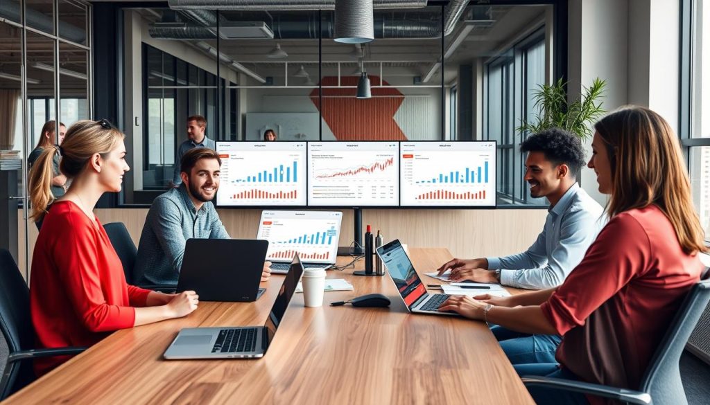 Diverse team of SEO professionals collaborating in a modern agency office environment Diverse team of SEO professionals collaborating in a modern agency office environment