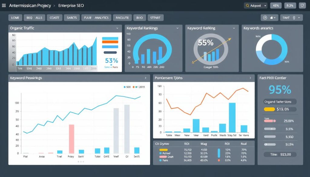 Enterprise SEO dashboard showing key performance metrics and ROI visualization Enterprise SEO dashboard showing key performance metrics and ROI visualization