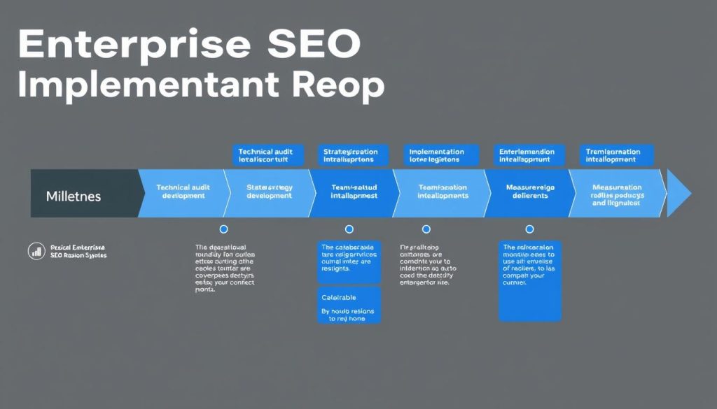 Enterprise SEO implementation roadmap with milestone markers and team collaboration Enterprise SEO implementation roadmap with milestone markers and team collaboration