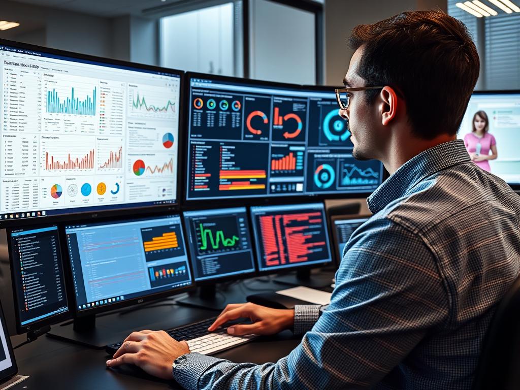 Enterprise SEO professional reviewing technical SEO audit results on multiple screens Enterprise SEO professional reviewing technical SEO audit results on multiple screens