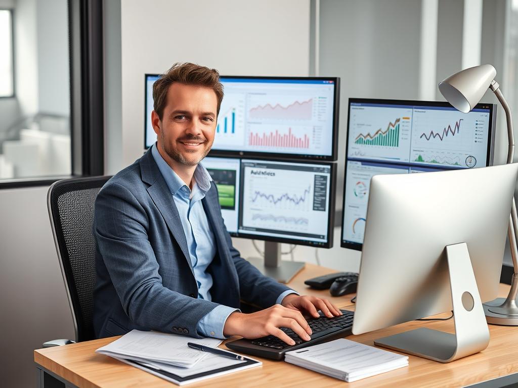 Professional freelance SEO consultant working with multiple screens displaying analytics and SEO data Professional freelance SEO consultant working with multiple screens displaying analytics and SEO data